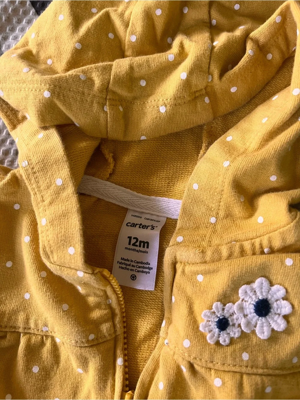 Carter's Yellow Polka Dot Hooded Zip-Up Jacket with Flower Applique
